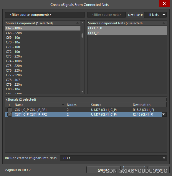 使用该对话框,创建跨越选中串联元件的xSignals。在该示例中,提出了两个可能的xSignals,但仅创建一个。